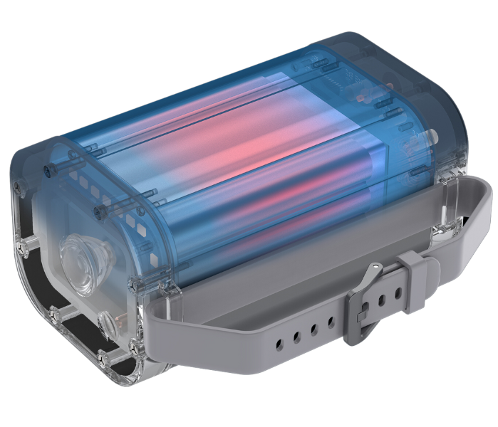 A transparent 3D-rendered image of a small, rectangular device showing internal components, including a red and blue section, likely indicating different parts or functions. The device resembles a 100-watt power bank and has a gray strap attached to it, suggesting portability or wearable use.