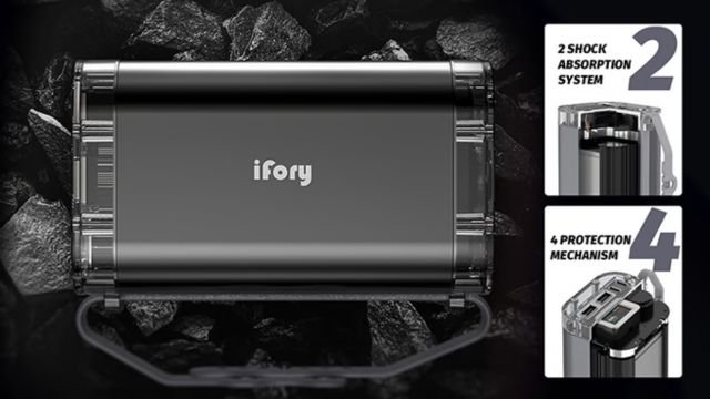 A rectangular device with "ifory" branding on it, shown on a bed of rocks. Two insets highlight the device's features: on the top right, "2 Shock Absorption System," and below it, "4 Protection Mechanism." The device has a handle and transparent protective corners.