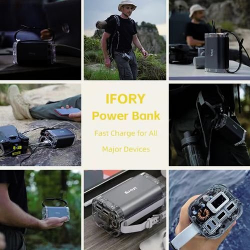 A collage of nine images showcasing the IFORY Power Bank in various outdoor settings. The images display the power bank being used by different individuals, emphasizing its rugged and portable design for charging devices in diverse environments. Central text reads: "IFORY Power Bank - Fast Charge for All Major Devices.