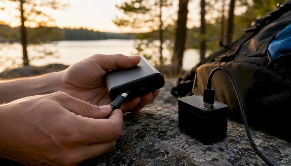 Hands plugging USB-C and USB-A connectors outdoors