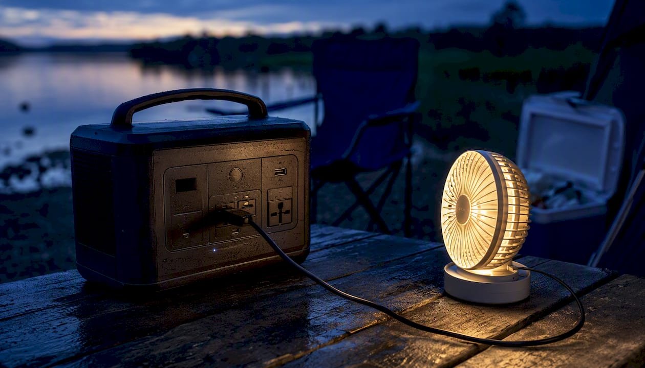 Portable power station powering mini-fridge at campsite