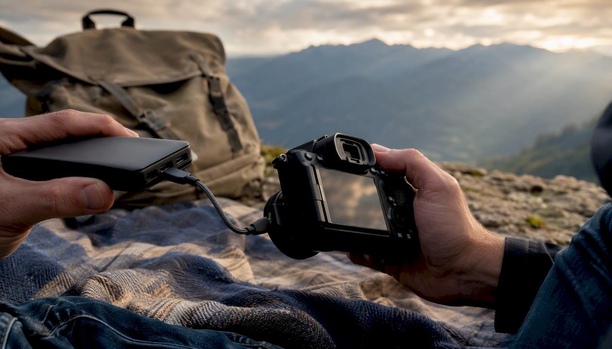 Hands connecting USB-C cable to power bank outdoors