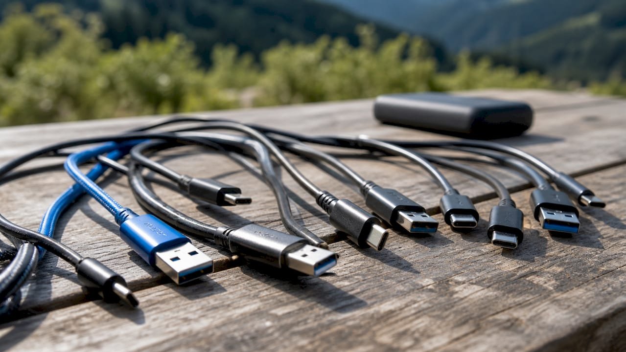 Macro shot of USB-C and USB-A cable connectors