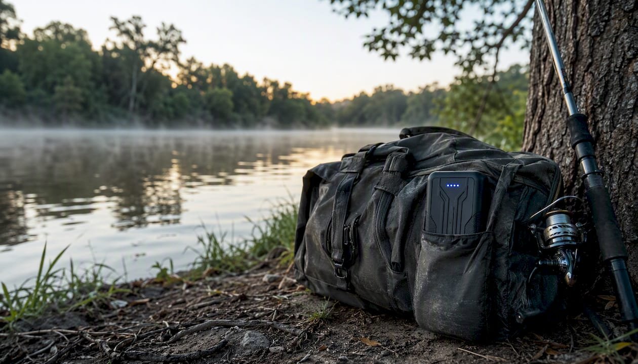 Adventure backpack with high-capacity power bank at kayak launch