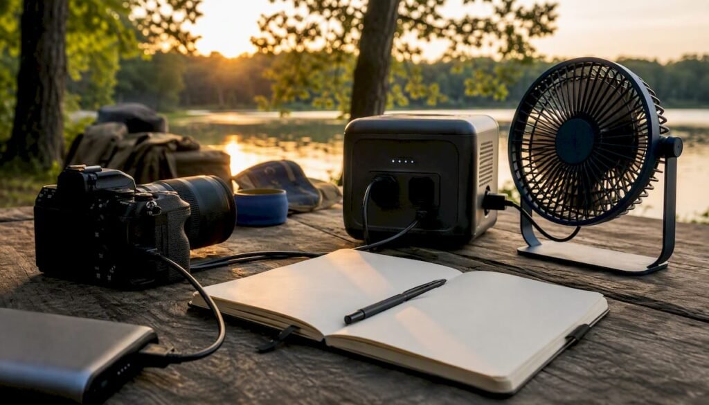 Outdoor campsite charging with power bank and power station