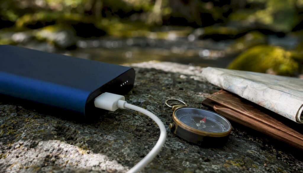 Power bank charging safely on outdoor table
