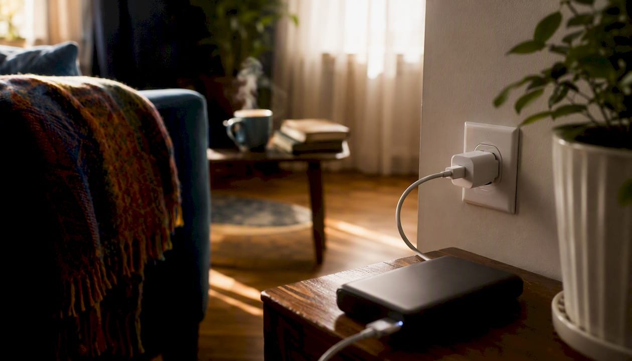 Power bank charging unattended on bedside table