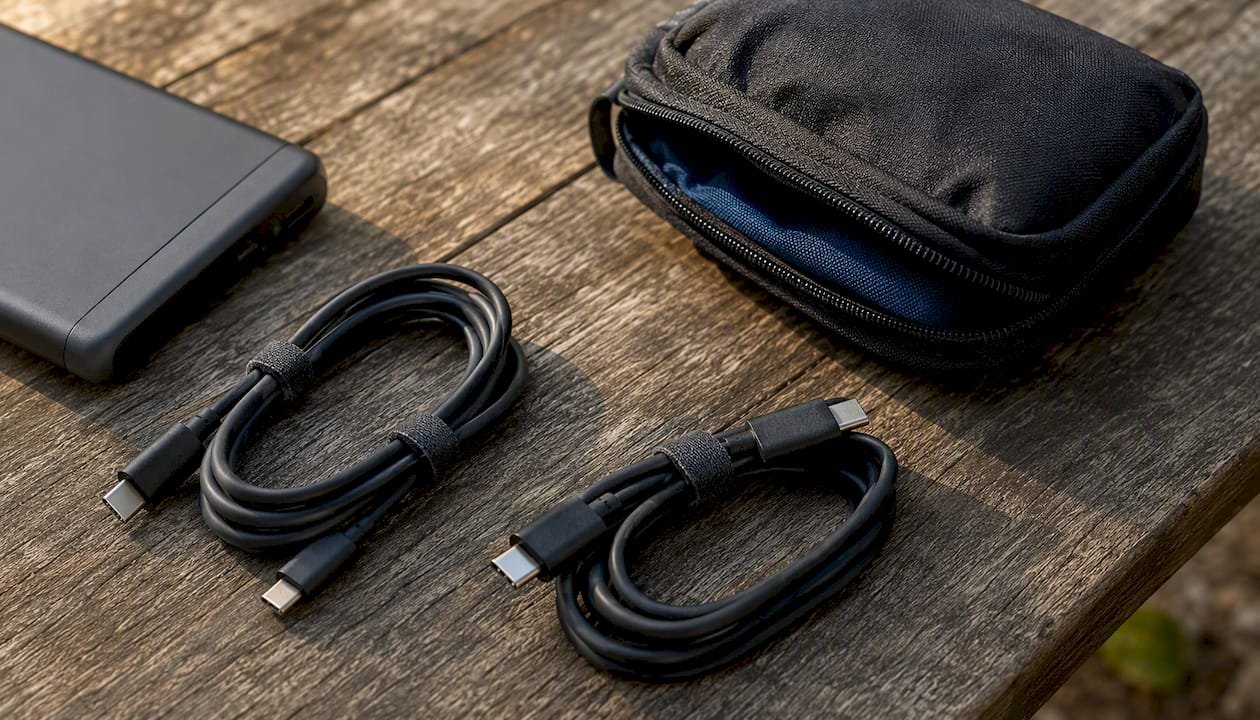Compact travel charging kit with cables and pouch