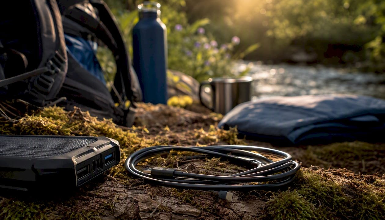 Rugged power bank edge on river rock