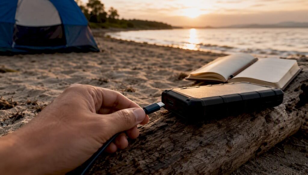 Hand plugging USB-C cable into power bank outdoors