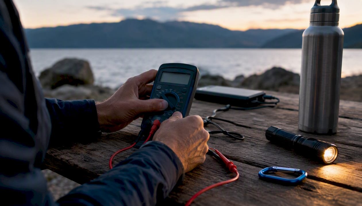 Hands using multimeter near charging gear outdoors