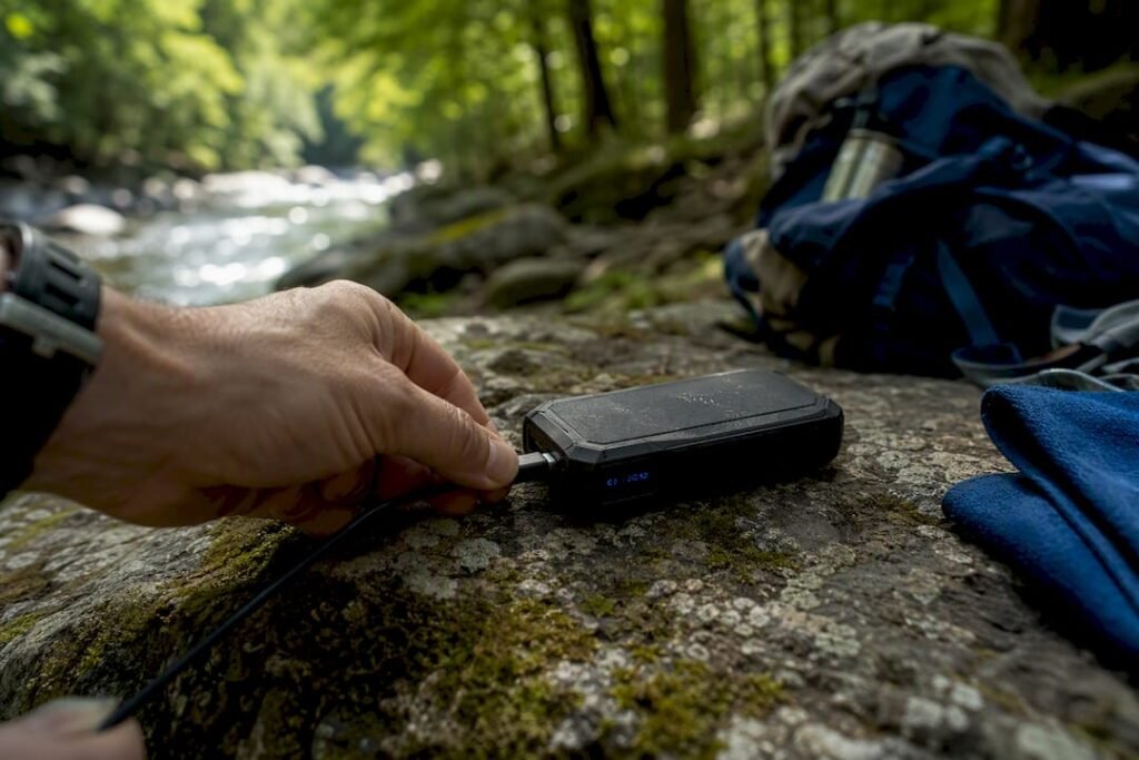 Hand connecting USB-C charger cable outdoors