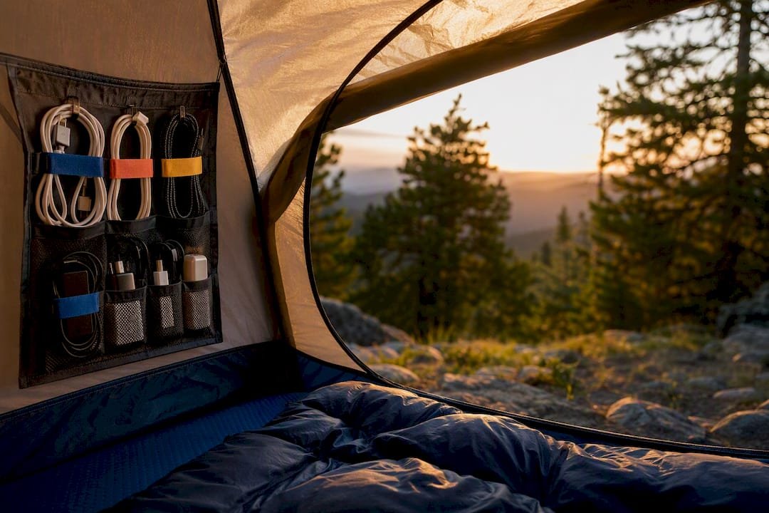 Cable organizer in tent vestibule keeping charging cables tidy