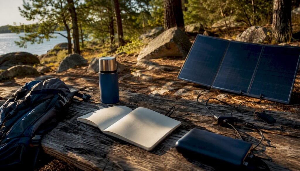 Outdoor solar panel charging setup at campsite