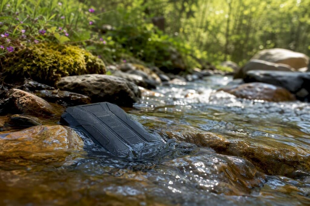 Power bank partially immersed in fresh water
