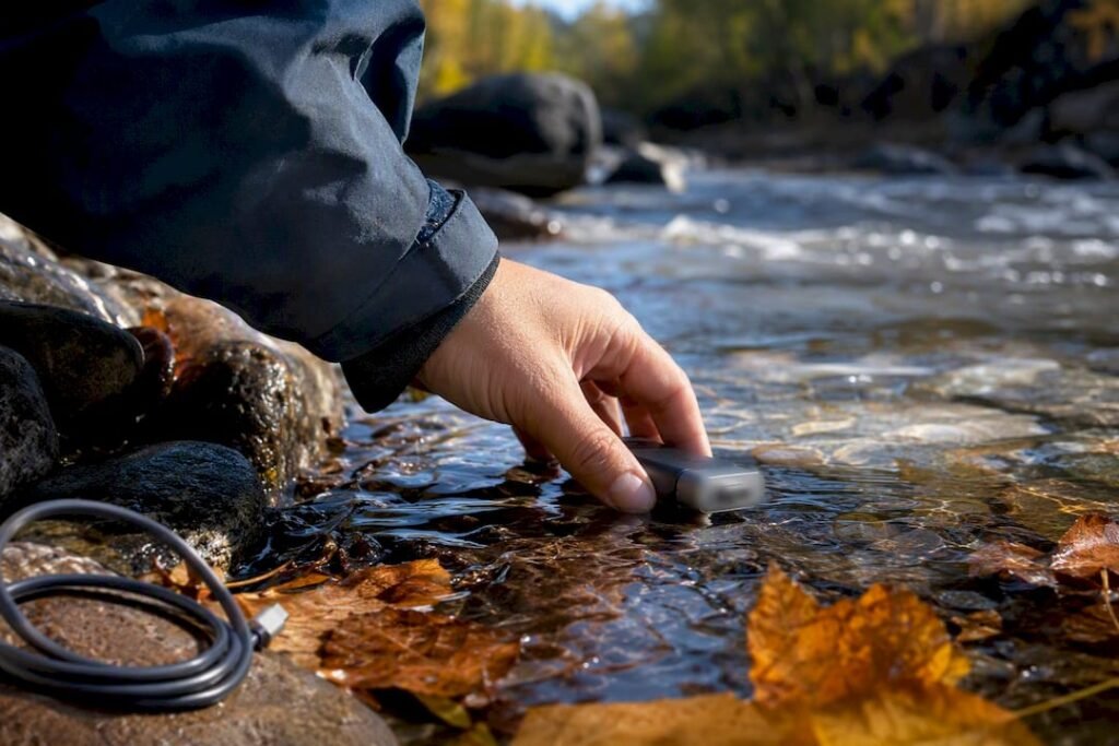Partial power bank immersion in river water