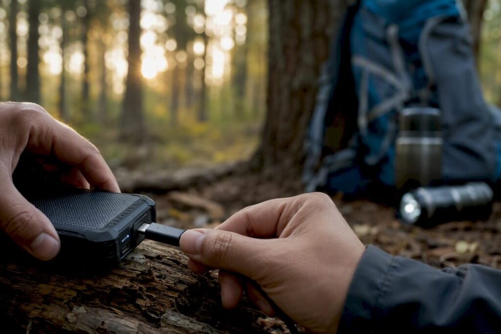 Close-up of fast charging cable plugged into power bank outdoors