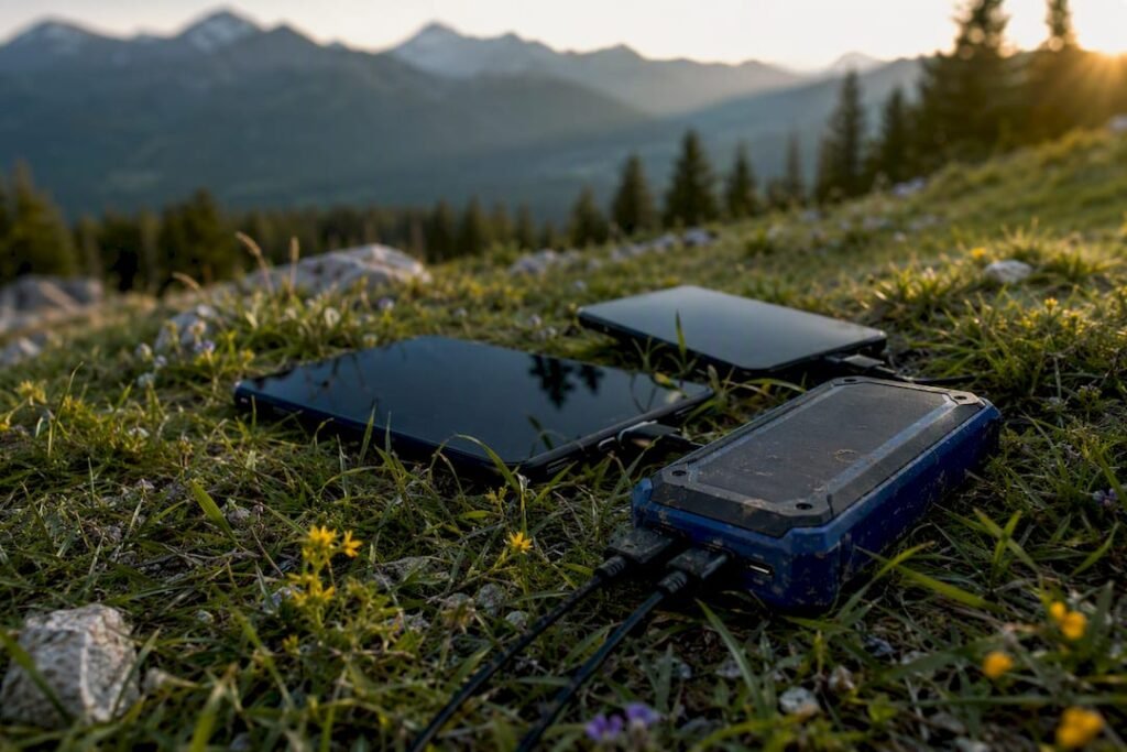 Close-up of power bank ports with cables connected outdoors