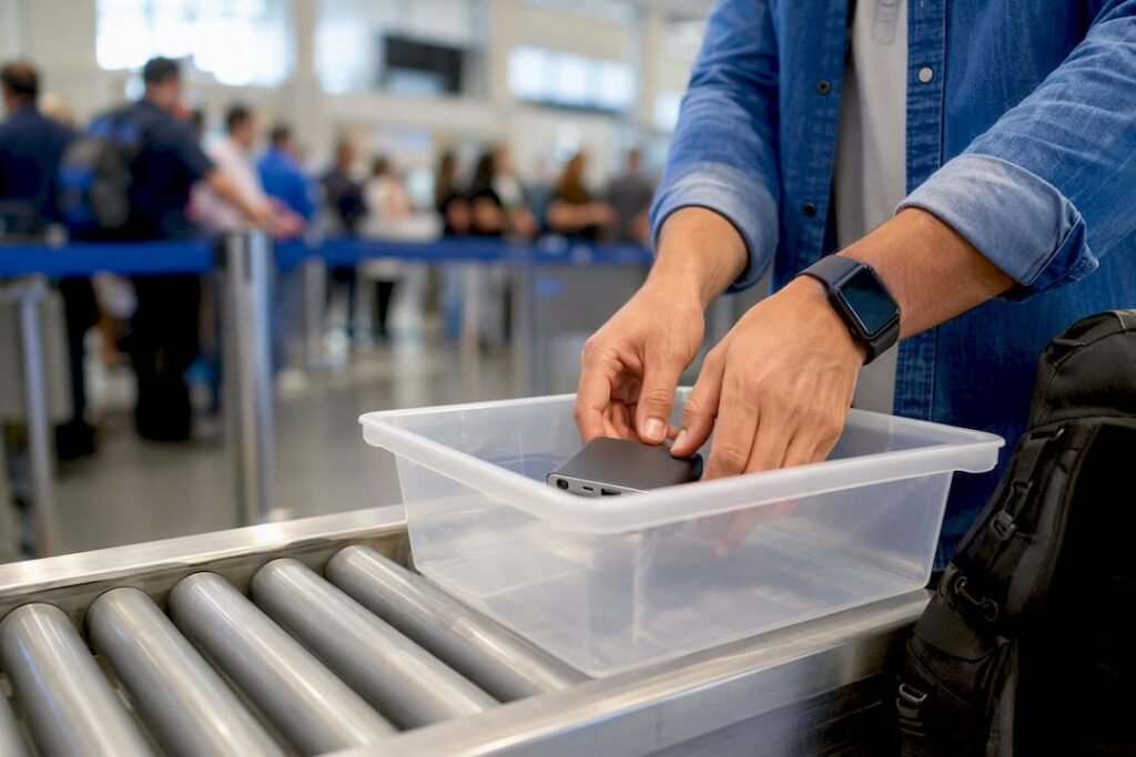 Hands placing power bank in security bin