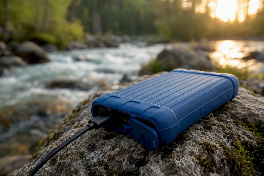 Close-up of battery sleeve on power bank outdoors