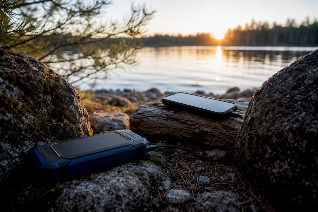 Phone charging setup in outdoor dawn campsite