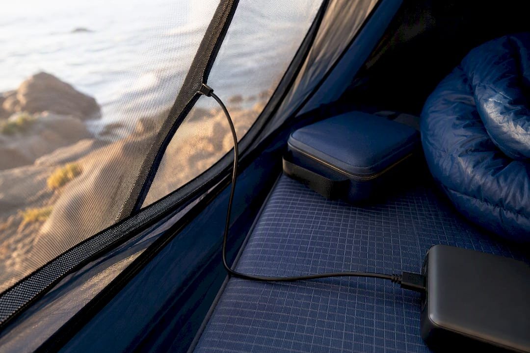 Charging setup safely ventilated inside tent