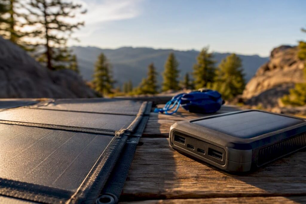 Solar panel and power bank at campsite