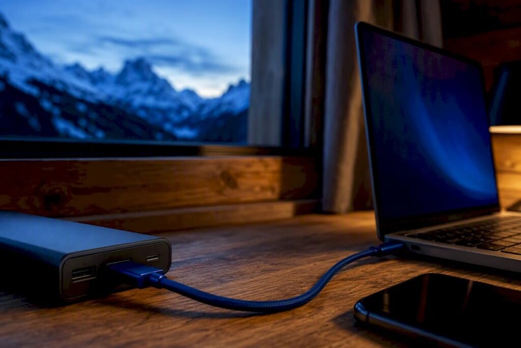 Power bank charging phone and laptop outdoors