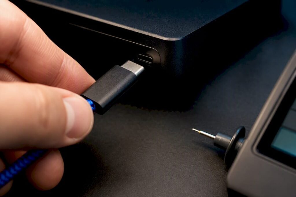 USB-C connector at technical charging test bench