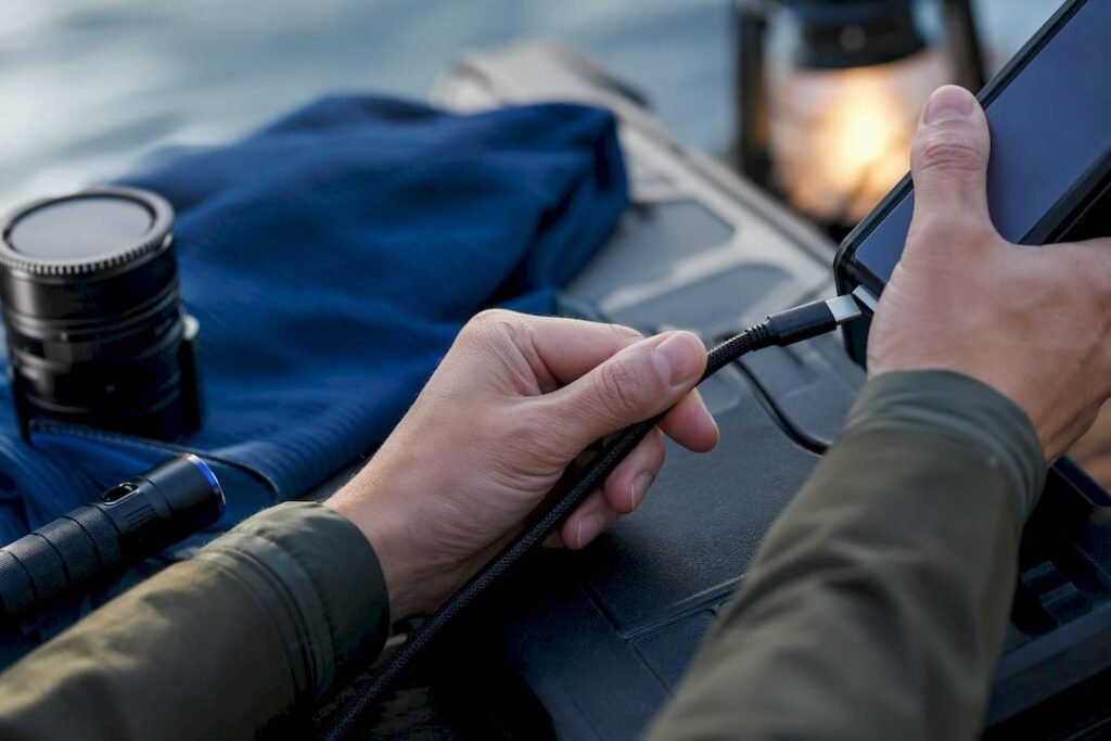USB-C cable connected at outdoor charging setup