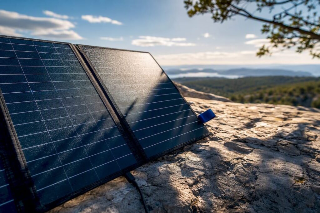 Solar panel partly shaded by a branch