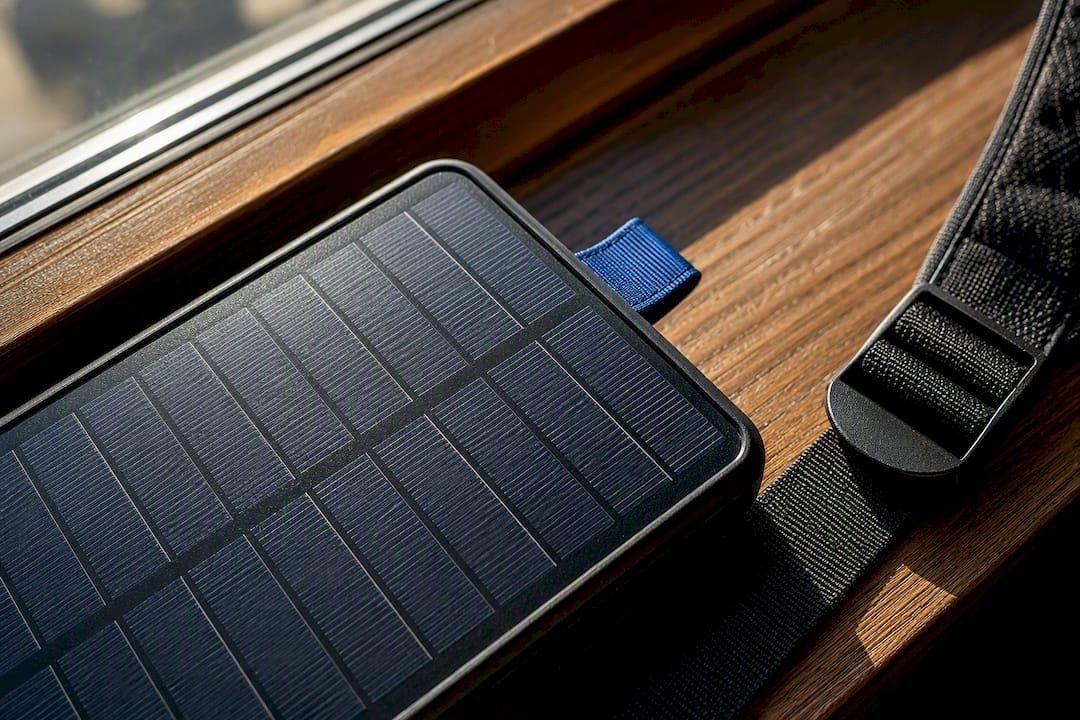 Close-up of tiny solar cells on charger