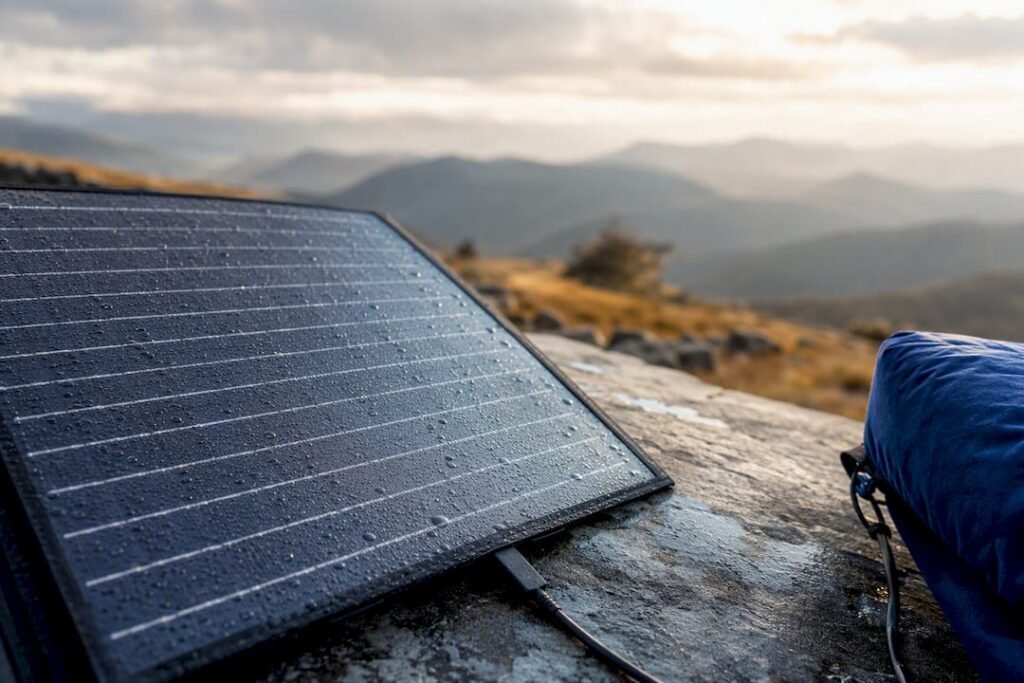 Solar panel charging outdoors under hazy mountain light