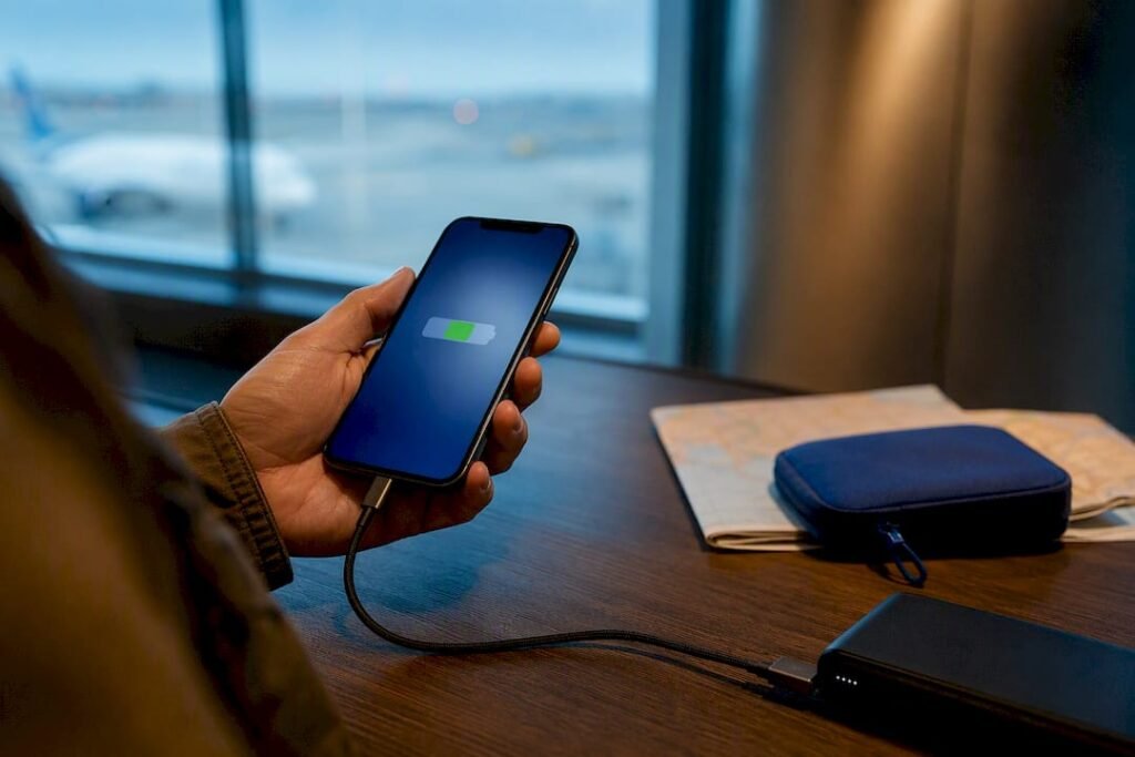 Traveler checking charging setup at airport