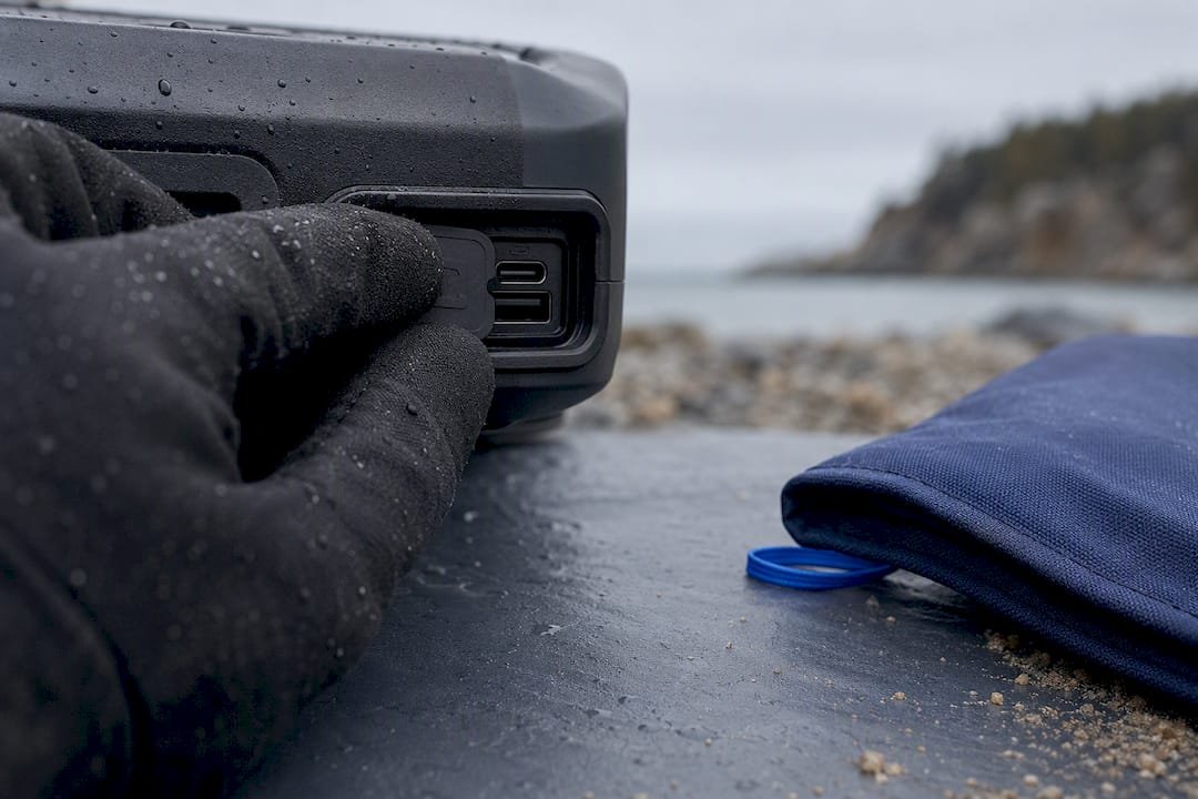 Gloved hand sealing a weatherproof charging port