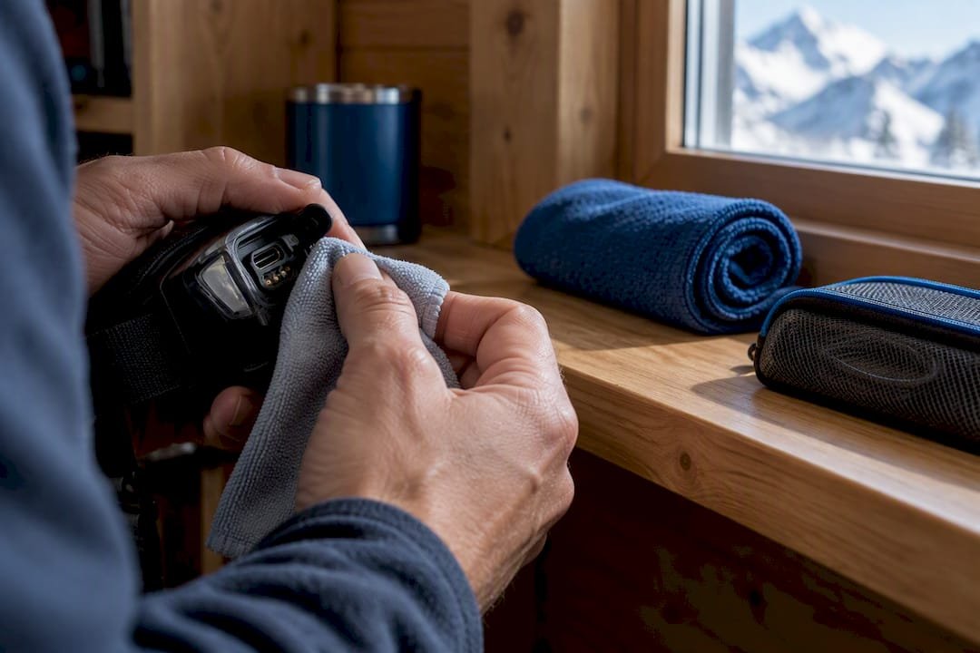 Camper drying a headlamp charging port