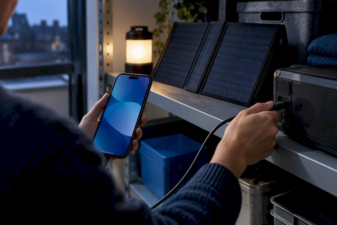 Hands connecting a portable charger during outage