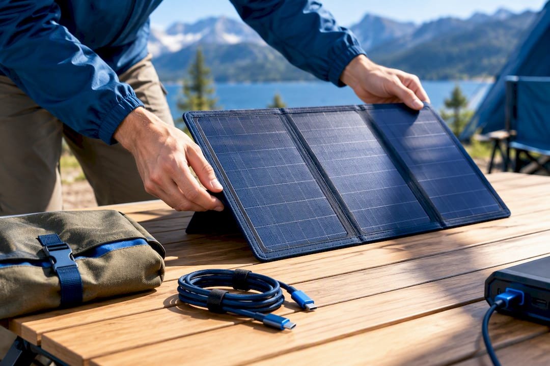 Solar panel charging a rugged power bank