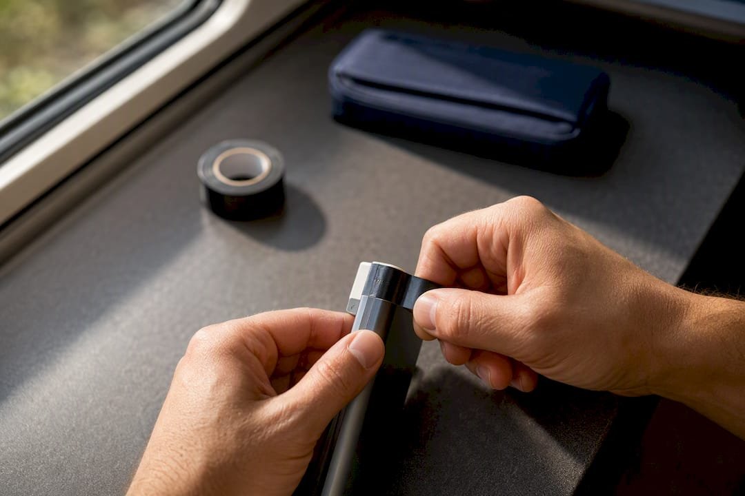 Hands insulating retired power bank with tape