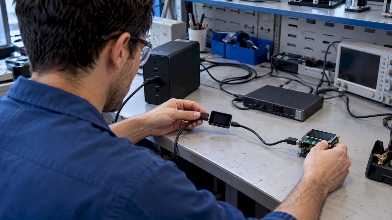 Engineer testing USB-C cable with PD instruments
