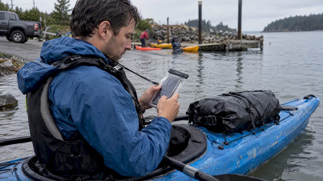 Kayaker checks phone inside waterproof pouch