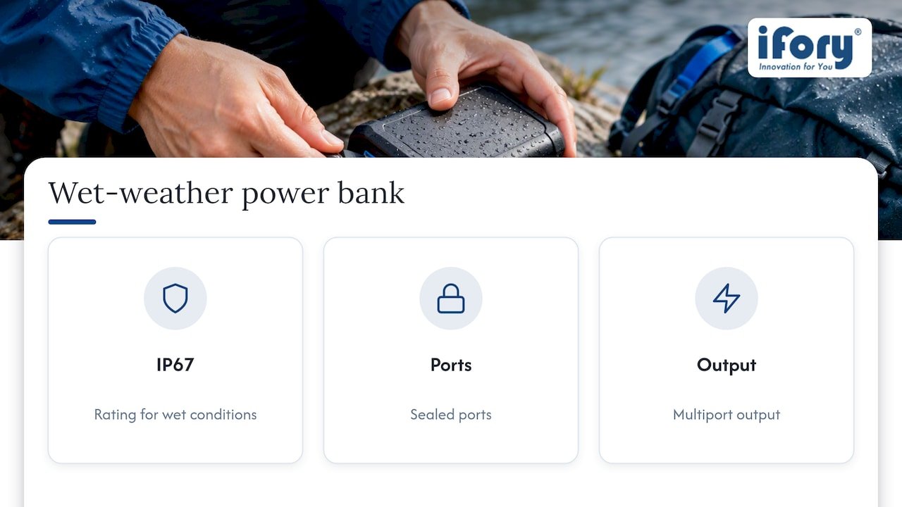 A rugged power bank built for wet conditions — overview diagram